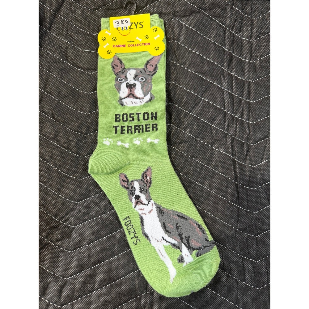 Foozys Boston Terrier Socks Women 9-11 Green NWT Canine Collection Novelty Crew